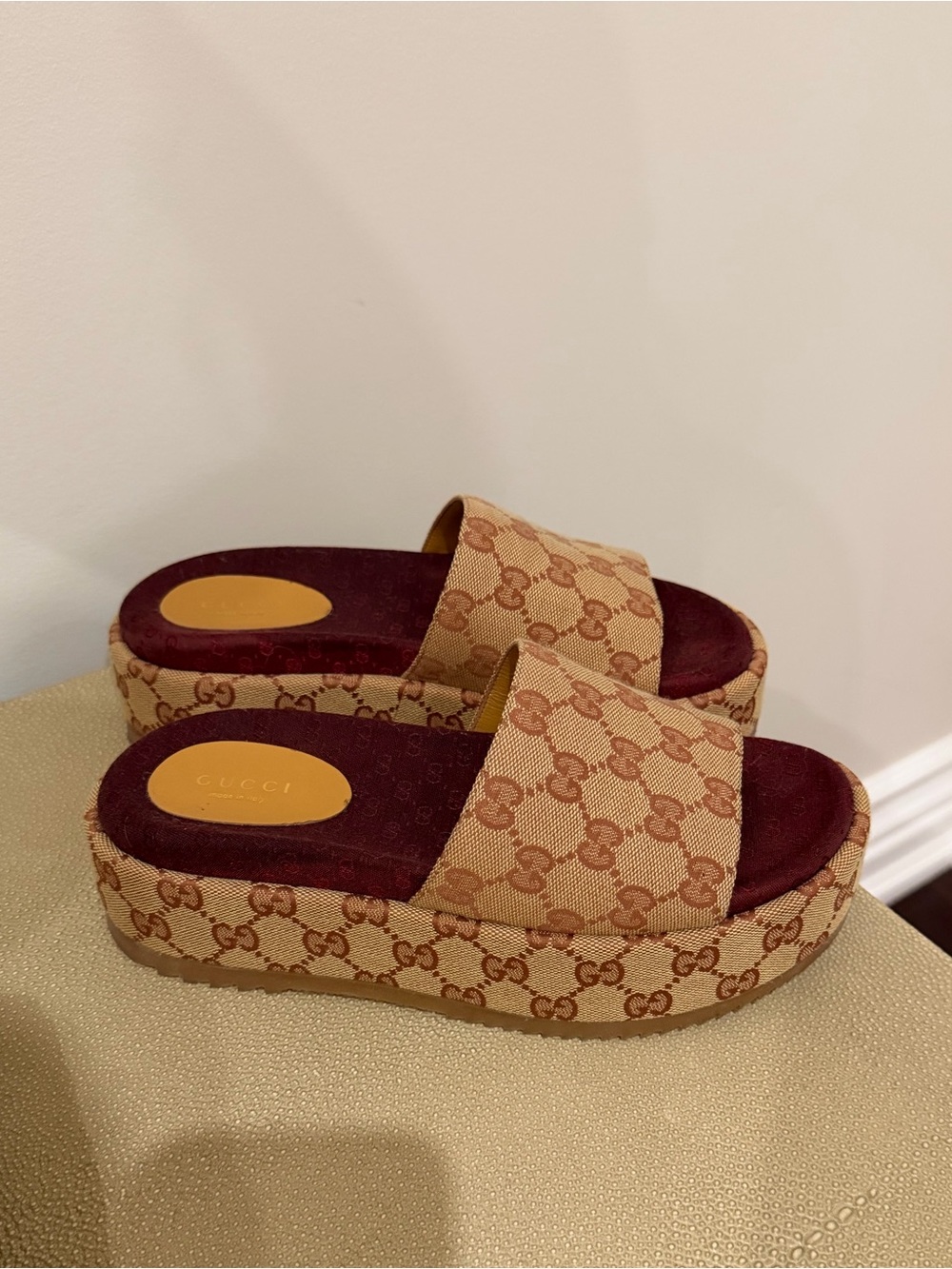 Gucci Beige GG Canvas Platform Slides with Burgundy Footbed